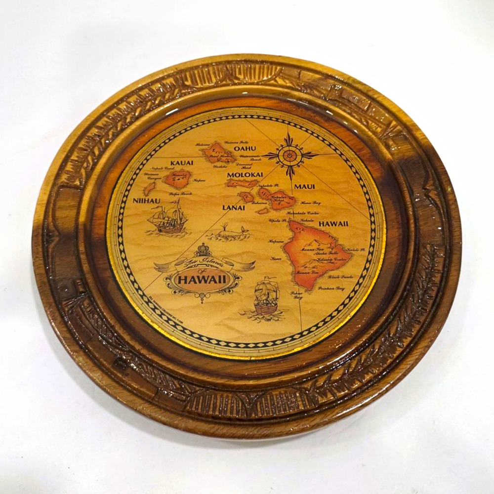 K&S Hawaiian Creations 10in Carved Wood Collector Plate Hawaii Islands Map